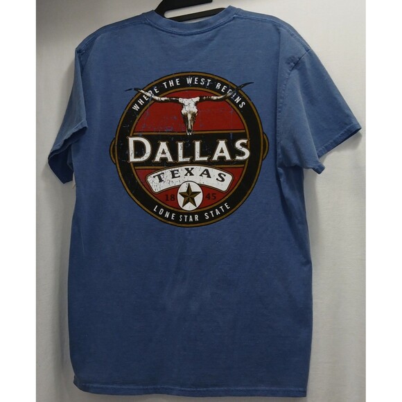 Dallas Texas Where the West Begins 1845 Double Sided Blue T-Shirt Men's Large - Picture 1 of 5